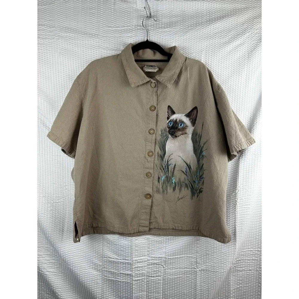 California Prototype Handpainted Siamese Cat‎ Short SLV Button Up Shirt OOAK XXL